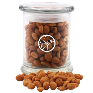 Photo of Honey Roasted Peanuts In A Large Round Glass Jar With Lid
