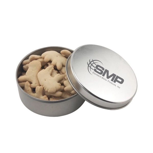 Silver color option for Large Round Metal Tin With Lid And Animal Crackers
