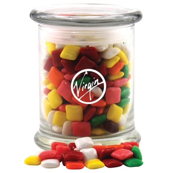 Clear color option for Mini Chicklets Gum In A Large Round Glass Jar With Lid