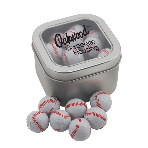 Silver color option for Large Tin With Window Lid And Chocolate Baseballs