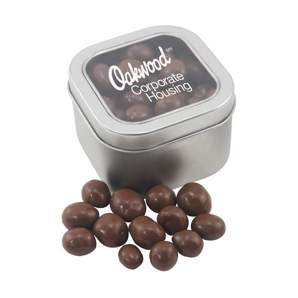 Silver color option for Large Tin With Window Lid And Chocolate Covered Peanuts