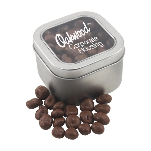 Main photo of Large Tin With Window Lid And Chocolate Covered Raisins