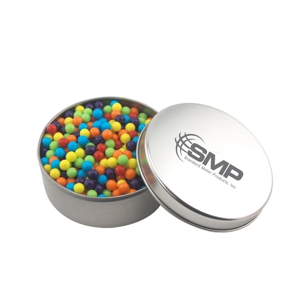 Silver color option for Large Round Metal Tin With Lid And Mini Jawbreakers