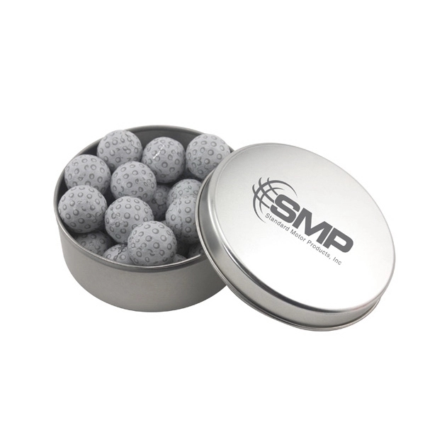 Silver color option for Large Round Metal Tin With Lid And Chocolate Golf Balls