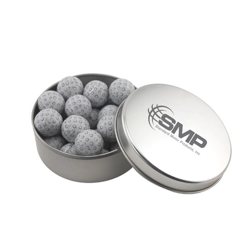 Main photo of Large Round Metal Tin With Lid And Chocolate Golf Balls