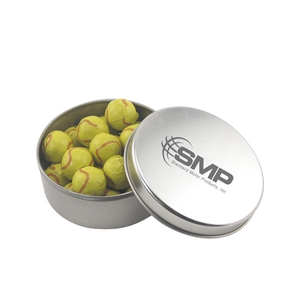 Photo of Large Round Metal Tin With Lid And Chocolate Tennis Balls