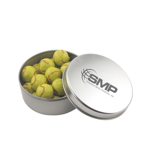 Main photo of Large Round Metal Tin With Lid And Chocolate Tennis Balls