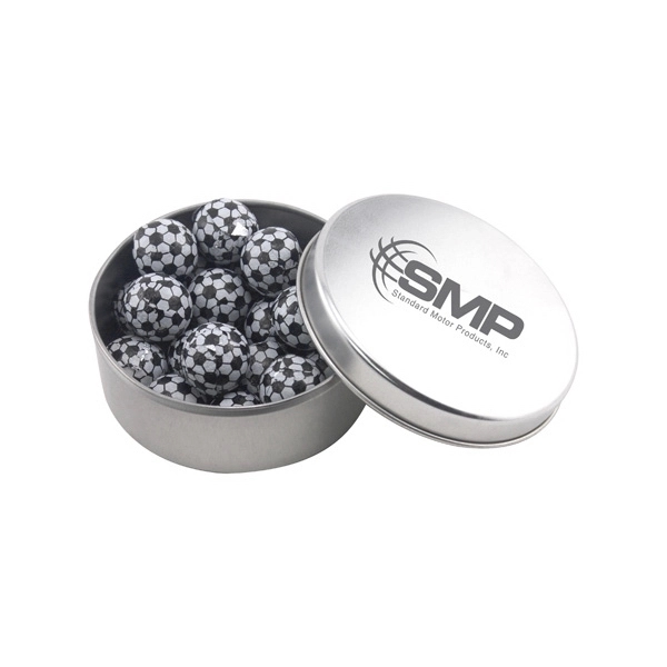 Silver color option for Large Round Metal Tin With Lid And Chocolate Soccer Balls