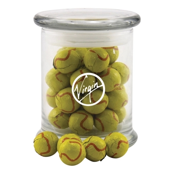 Clear color option for Chocolate Tennis Balls In A Large Round Glass Jar With Lid