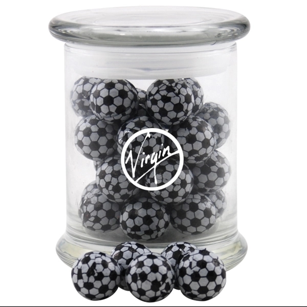 Clear color option for Chocolate Soccer Balls In A Large Round Glass Jar With Lid