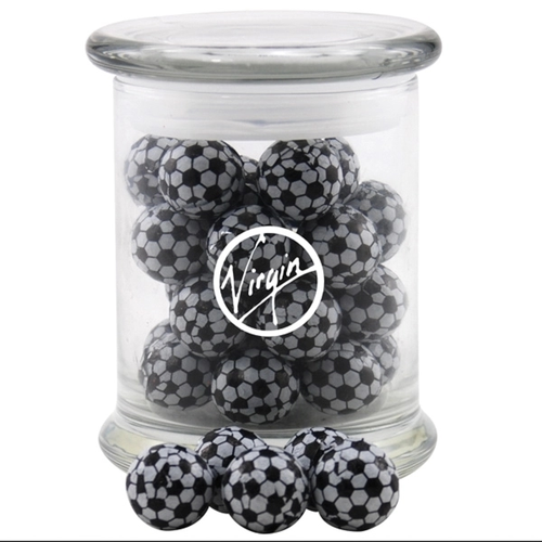 Main photo of Chocolate Soccer Balls In A Large Round Glass Jar With Lid