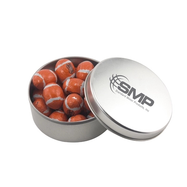 Silver color option for Large Round Metal Tin With Lid And Chocolate Footballs