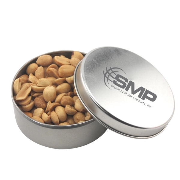 Silver color option for Large Round Metal Tin With Lid And Peanuts