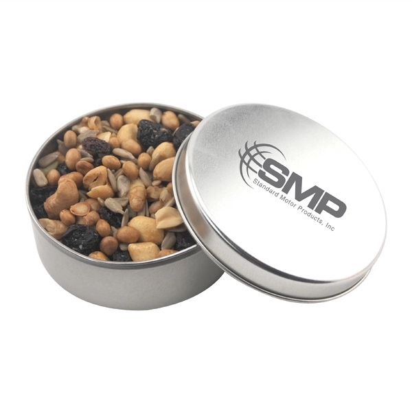 Silver color option for Large Round Metal Tin With Lid And Trail Mix