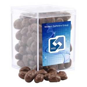 Photo of Chocolate Covered Raisins In A Clear Acrylic Square Box