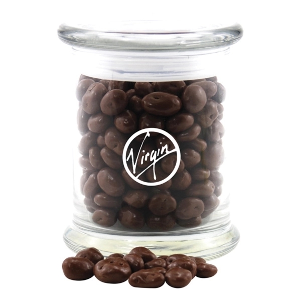 Clear color option for Large Round Glass Jar With Lid Chocolate Covered Raisins