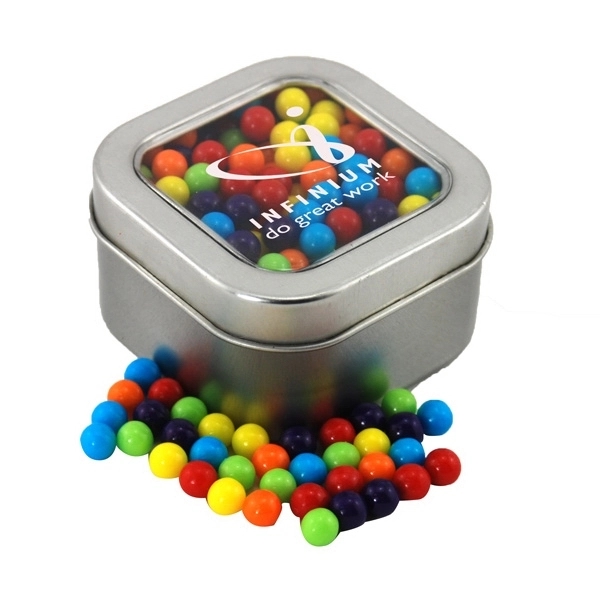 Silver color option for Tin With Window Lid And Mini Jawbreakers