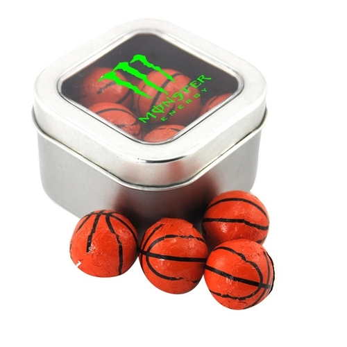 Main photo of Tin With Window Lid And Chocolate Basketballs