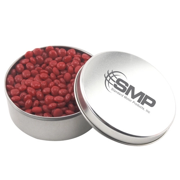 Silver color option for Large Round Metal Tin With Lid And Cinnamon Imperials