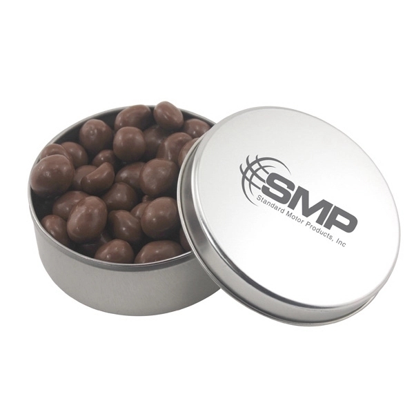 Silver color option for Large Round Metal Tin With Lid And Chocolate Covered Peanuts