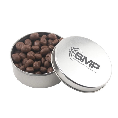 Main photo of Large Round Metal Tin With Lid And Chocolate Covered Raisins