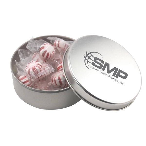 Silver color option for Large Round Metal Tin With Lid And Starlight Peppermints