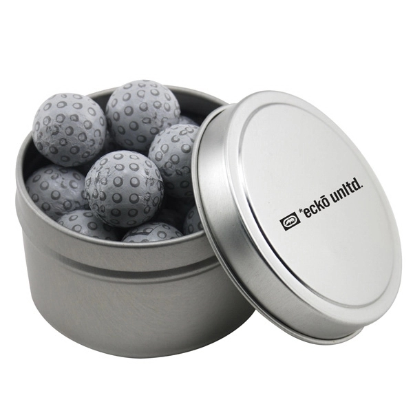 Silver color option for Round Metal Tin With Lid And Chocolate Golf Balls