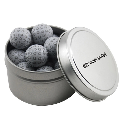 Main photo of Round Metal Tin With Lid And Chocolate Golf Balls