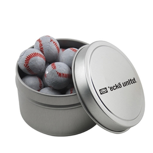 Photo of Round Metal Tin With Lid And Chocolate Baseballs