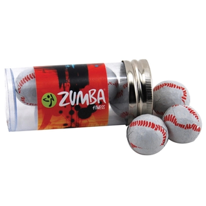 Photo of Chocolate Baseballs In A 3 " Plastic Tube With Metal Cap