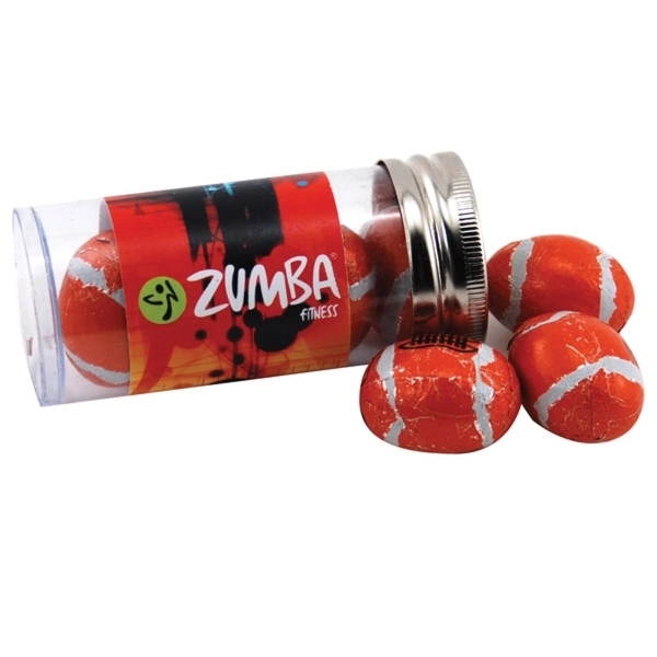 Clear color option for Chocolate Footballs In A 3 " Plastic Tube With Metal Cap