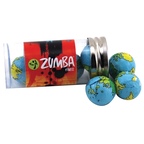 Clear color option for Chocolate Globes In A 3 " Plastic Tube With Metal Cap