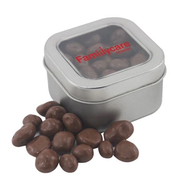 Silver color option for Tin With Window Lid And Chocolate Covered Raisins