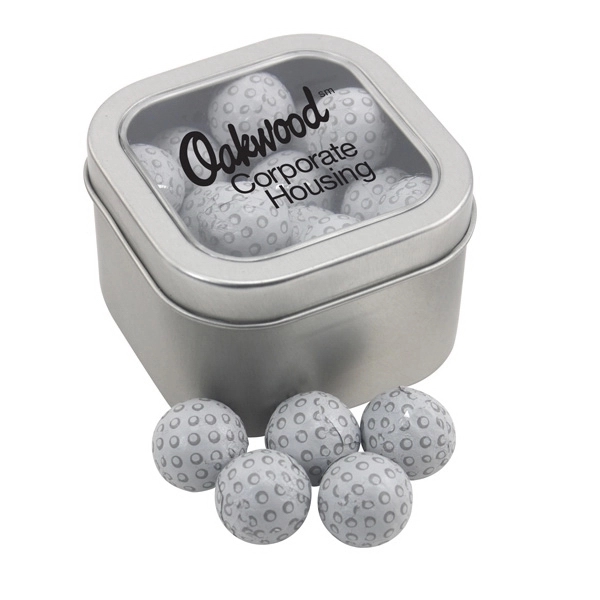 Silver color option for Large Tin With Window Lid And Chocolate Golf Balls
