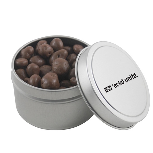 Main photo of Chocolate Covered Raisins In A Round Metal Tin With Lid