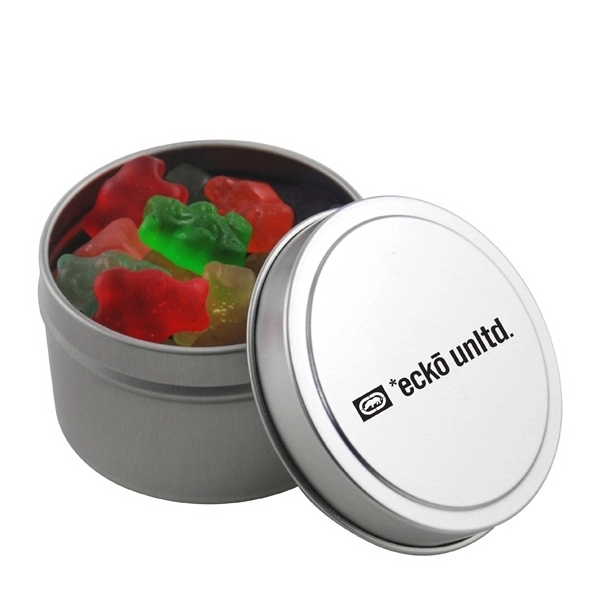 Silver color option for Round Metal Tin With Lid And Gummy Bears