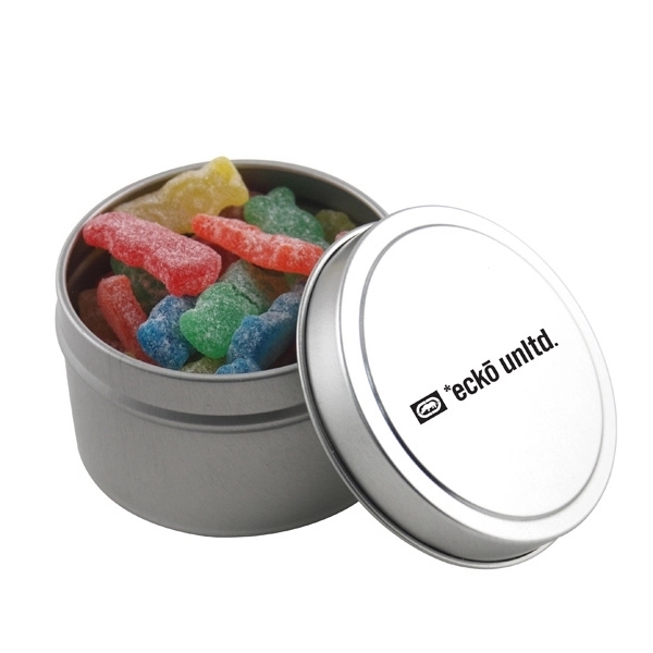 Silver color option for Round Metal Tin With Lid And Sour Kids