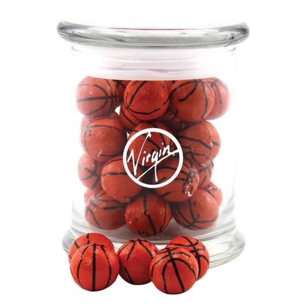 Clear color option for Chocolate Basketballs In A Large Round Glass Jar With Lid