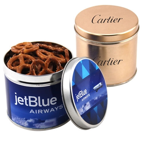 Photo of Mini Pretzels In A 3.5" Round Metal Tin With Lid
