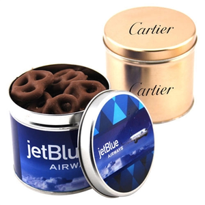 Photo of Chocolate Covered Pretzels In 3.5" Round Metal Tin With Lid