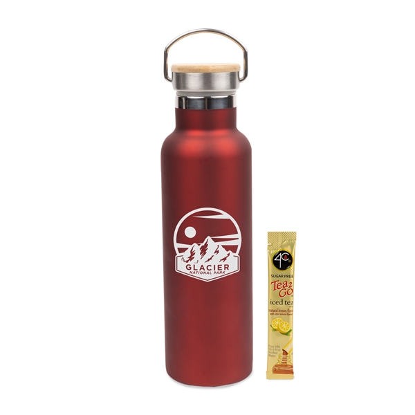 Red color option for 20 Oz Stainless Insulated Bottle W/Bamboo Lid & Iced Tea Mix