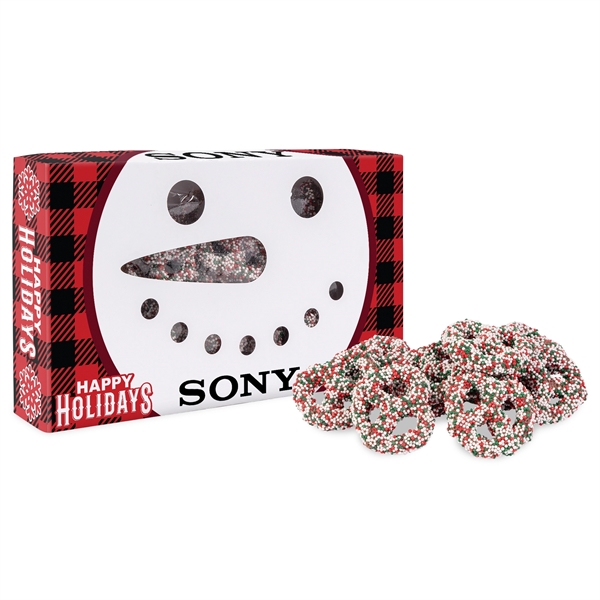 White color option for Snowman Die Cut Box W/Milk Chocolate Christmas Mini Pretzels