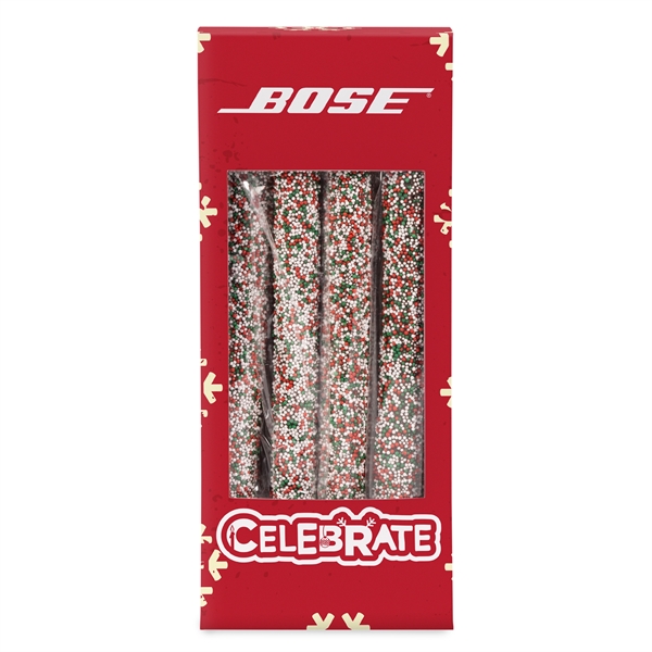 White color option for Holiday Chocolate Dipped Non Pareil Pretzel Rods