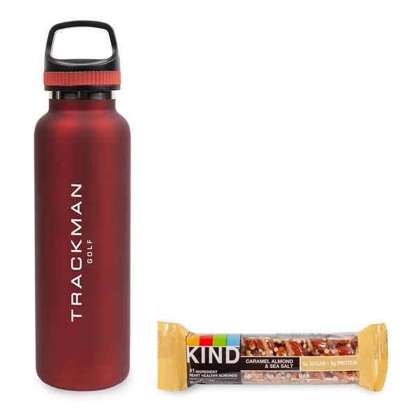 Red color option for On The Go Sip N' Snack 20 Oz. Insulated Bottle W/Kind Bar
