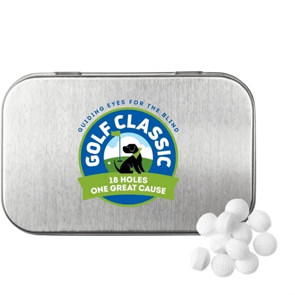 Silver color option for Rectangular Tin With Golf Ball Shaped Mints