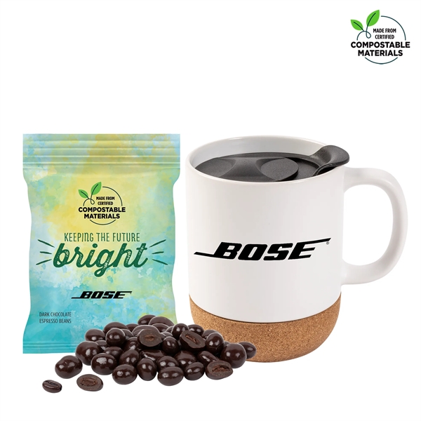 Matte White color option for Cork Bottom Mug Compostable Bag Dark Choc Espresso Beans