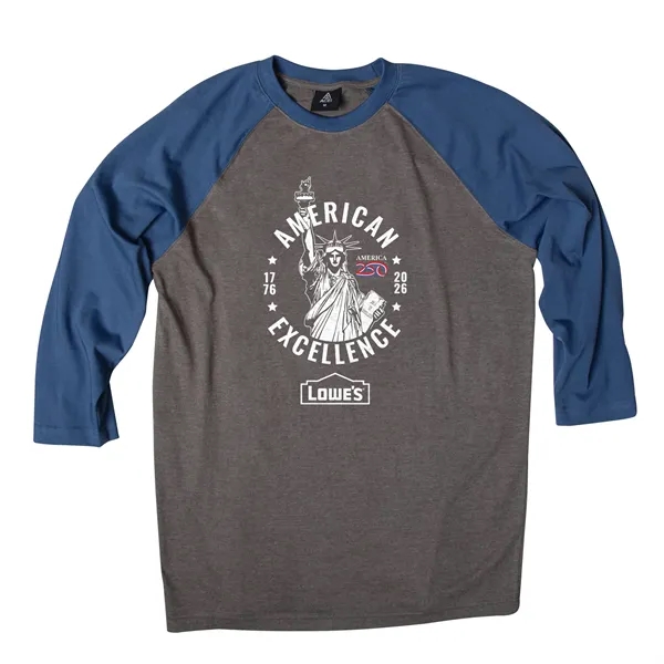 Charcoal/Blue color option for America 250 Ace Raglan 3/4 Sleeve Tee