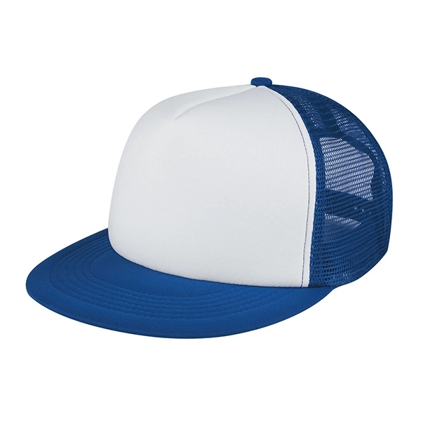 WHITE WITH ROYAL BLUE color option for 100% Polyester Trucker Cap