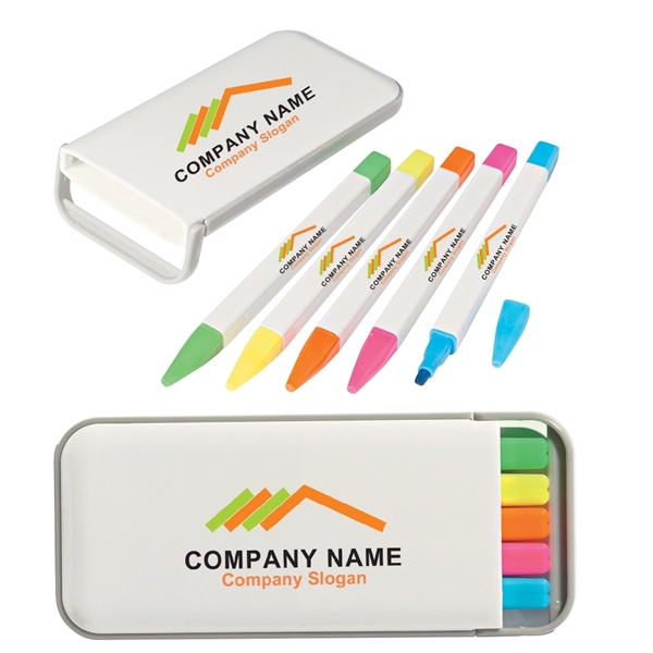WHITE WITH GRAY color option for 5 Chisel Tip Highlighters In Portable Highlightr Box