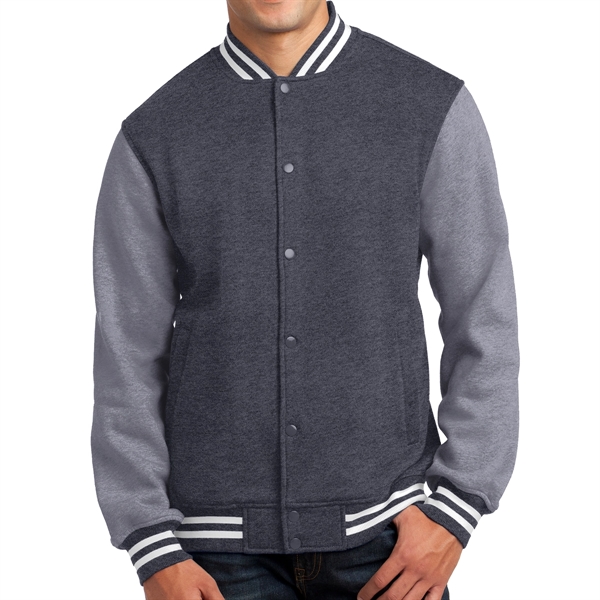 TRUE NAVY/VINTAGE HEATHER color option for Sport Tek® Fleece Made Varsity Jacket